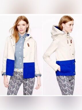 J.Crew Colorblock Hooded Utility Jacket Cream Blue Cotton Women’s Large